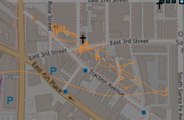 Map of downtown LA with the path of a helicopter markedly govering up and down Traction Avenue