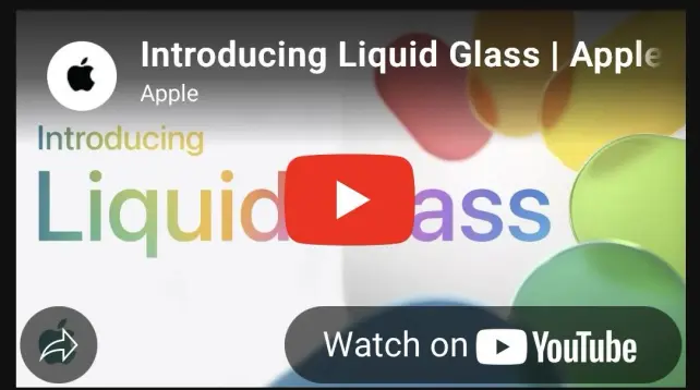 YouTube thumbnail of Apple's video about its new design "Liquid Glass". The thumbnail is obstructed by various elements and especially the YouTube logo in the center, making the text inside read "Introducing Liquid ass".