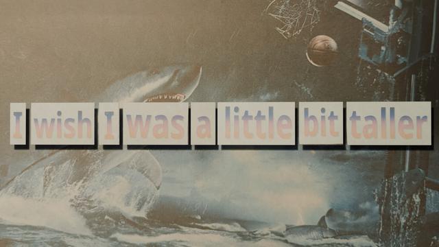 "I wish I was a little bit taller" in word-art papers with deep shadows over shark jumping out of water to basketball below hoop (blender render)