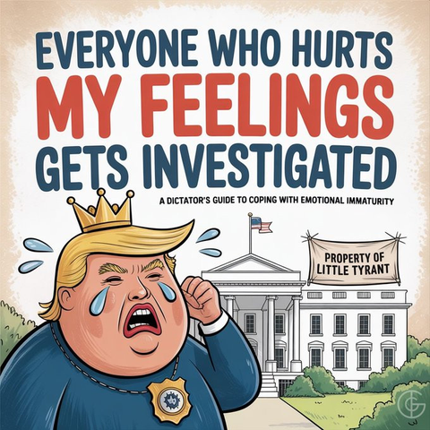 A crying, infantile Puppyfucker, with a fast food crown on his head, and kiddie cop badge on his chest, whines:
Everyone who hurts my feelings gets investigated!