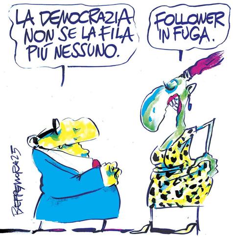 Nel disegno, un uomo afferma: "La democrazia non se la fila nessuno".
"Follower in fuga", aggiunge una donna.
