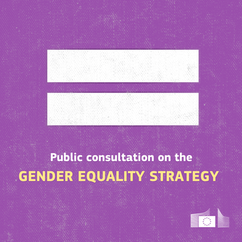 A purple background with a large white equals sign in the centre. Below the equals sign, the text "Public consultation on the" appears in white, followed by "GENDER EQUALITY STRATEGY" in a prominent yellow font. In the bottom right corner is the European Commission's logo.