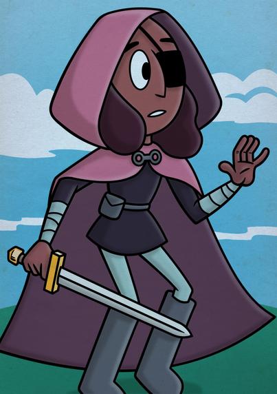 Young woman with mid length brown hair wearing a pink cape with hood and a black eyepatch over her left eye, she is also wearing a dark tunic, light blue leggings and bracers. She has grey knee high boots on her feet a grey belt with pouch around her waist and a sword in her right hand. She stands on a grassy field with a blue cloud filled sky behind her.