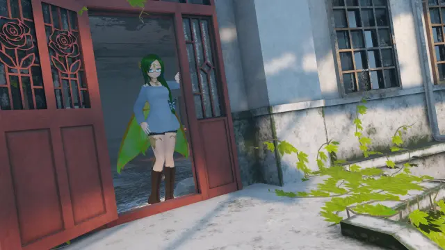 VR photo of my VRChat main character, Sola, in her Fairy Dragon form (anime girl with green-blue hair, glasses, draconic scales, fairy wings). She's walking out of a warehouse like place.