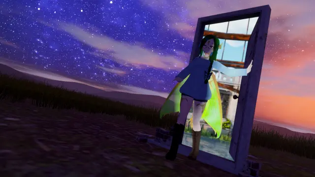 VR photo of my VRChat main character, Sola, in her Fairy Dragon form (anime girl with green-blue hair, glasses, draconic scales, fairy wings). She's walking through the free-standing door, leading to a dark open field.