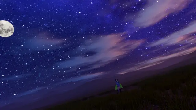 VR photo of my VRChat main character, Sola, in her Fairy Dragon form (anime girl with green-blue hair, glasses, draconic scales, fairy wings). She's standing in a dark open field, the sky is at night, starry with the moon visible, with a hint of sunlight coming from the side.