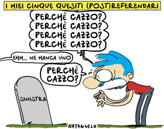 'I miei cinque quesiti (post) referendari'.

Nel disegno, un autoritratto dell'artista satirico che, davanti ad una lapide con l'epitaffio 'SINISTRA' domanda : "Perché cazzo? Perché cazzo? Perché cazzo? Perché cazzo?"
Una voce fuori campo gli fa notare: "Ehm... ne manca uno".
"Perché cazzo?", aggiunge quindi Natangelo.