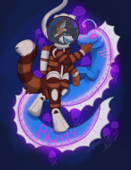 a red panda in a dive suit that matches his fur colors petting the face of a trans colored glowing sea dragon, on the dragons tail it says the name rory
