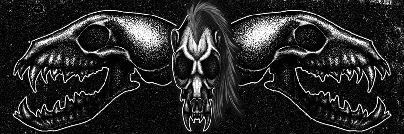 Digital illustration of two fox skulls facing in opposite directions with a mink skull in the center. Drawing with the stippling technique.