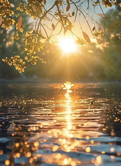 Morgenstimmung an einem Gewässer
Die tiefstehende Sonne scheint auf das Wasser, 
ihre Strahlen spiegeln sich darin.
Im Vordergrund ist oben im Bild ein belaubter Zweig zu sehen.
Quelle: Marlene Seoane, Pinterest