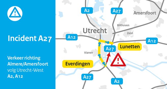 Incident A27. Verkeer richting Almere volg Utrecht-West over de A2 en A12.