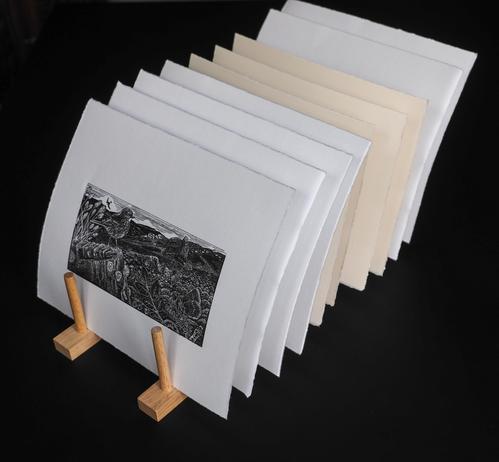 A short print run of wood engravings in a drying rack.