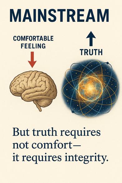 Die digital gestaltete Grafik zeigt eine visuelle Gegenüberstellung von „Mainstream“ und „Wahrheit“. Auf der linken Seite befindet sich eine stilisierte Darstellung eines menschlichen Gehirns mit dem Pfeil „Comfortable Feeling“, der nach unten zeigt – Symbol für kognitive Bequemlichkeit. Auf der rechten Seite leuchtet eine energetische, atomähnliche Kugel mit strahlenden Bahnen – sie steht für die Wahrheit, begleitet von einem aufwärts gerichteten Pfeil. Darunter steht in klarer Typografie: „But truth requires not comfort – it requires integrity.“ Die Bildsprache verbindet Neurowissenschaft, Wahrnehmungspsychologie und moralische Philosophie zu einer klaren Botschaft über Integrität und Erkenntnis.

Image Description (English):

This digitally designed graphic contrasts “Mainstream” with “Truth.” On the left, a stylized human brain is labeled “Comfortable Feeling,” with a downward arrow representing cognitive ease or conformity. On the right, a radiant atom-like sphere glows with energetic orbitals – symbolizing truth – accompanied by an upward-pointing arrow. Below, the clear statement reads: “But truth requires not comfort – it requires integrity.” The image blends neuroscience, perceptual psychology, and ethical philosophy into a bold, intellectually charged message.🖖
