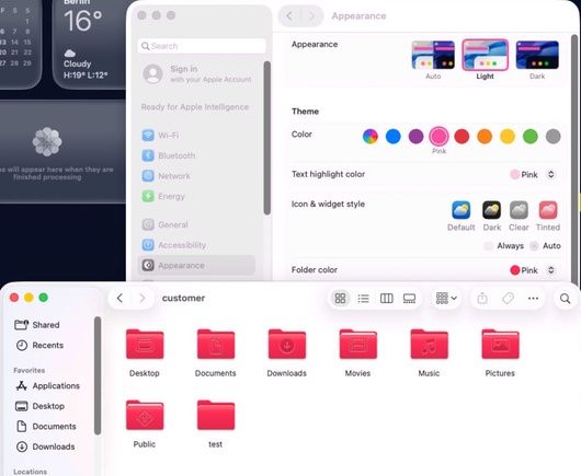 macOS Tahoe set to pink, with vastly different colors of pink for the color scheme and the folder icons. The folder icons are basically red.