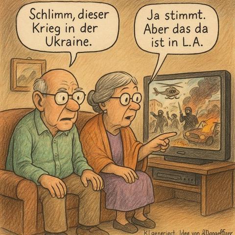 Ein Kl-Bild zeigt ein älteres Ehepaar auf dem Sofa vor dem laufenden Fernseher. Im Fernsehen wird ein kriegsähnlicher Zustand und Szenario gezeigt. Autos brennen und ein Hubschrauber fliegt. Bewaffnete und vermummte Einheiten bewegen sich durch die Straßen. 

Der Mann sagt: Schlimm, dieser Krieg in der Ukraine. 

Die Frau sagt: Ja stimmt. Aber das da ist in L.A.

(KI generiert Idee von @DoppelFyer)