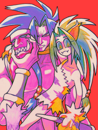 Samurai Shodown fan art. A drawing of Tam Tam, a tall, muscular and slender man with spiky dark hair that has one long rat tail of sorts on the right of his face with ornaments near the tip, pretty red eyes with long lashes, long claws and canines that show on the corners of his mouth. He wears a sparse outfit: a gold choker, wrist armor and tricolor fabric around his shoulders. He stares at the viewer with a serious look, holding a red mask with large fangs near his face. Cham Cham hangs off his shoulders with ease. She's a much smaller girl with a slender, long-limbed body, large cat-like eyes with long lashes and canines that peek out of her smiling mouth, spiky long green hair with a much longer rat tail of sorts with ornaments near the tip, wearing cat ears, a short tiger skin dress with a tail and large clawed tiger paw gloves. She smiles at the viewer, holding a boomerang in her left paw. The drawing is signed as SPILL.