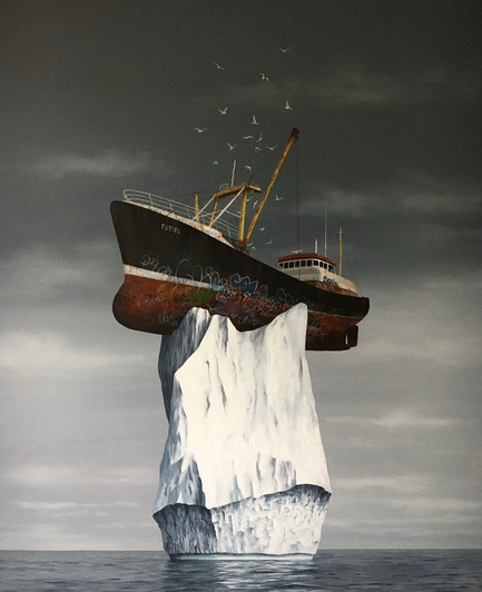 A large fishing trawler lodged atop a tall iceberg. Graffiti covers the hull of the boat. Gulls gather above.