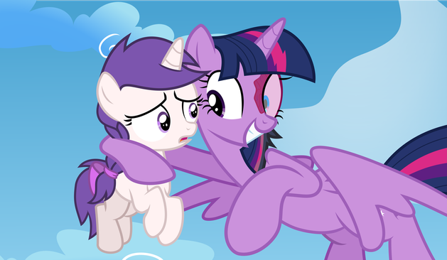 Twilight putting her hoof over a filly (snowie)'s shoulder whilst she has a burn mark on her face. Snowie is looking confused