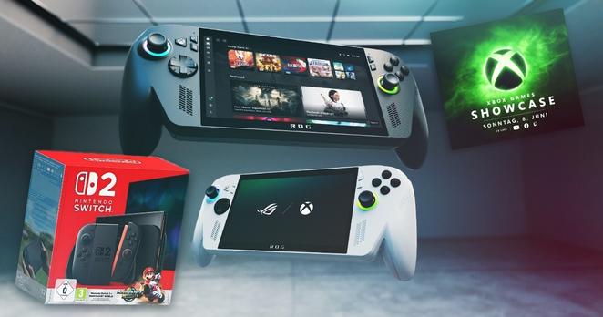 Die neuen Gaming-Handhelds Nintendo Switch 2 und Xbox ROG Ally schweben in einer leeren, hellen, modernen Präsentationshalle. Dazu sehen wir das Logo von Microsofts Xbox-Showcase vom Summer Game Fest 2025. - Banner des Gaming-Podcasts "Das Letzte Level" Folge 100.