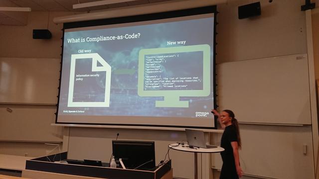 A slide comparing information security policies vs a code implementation