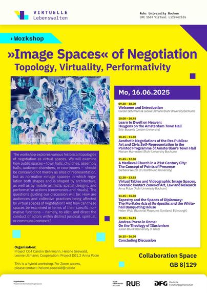 Plakat zum Workshop »›Image Spaces‹ of Negotiation«, links ein Bild aus dem 15. Jahrhundert (Die Eidesleistung) invertiert, es zeigt mehrere Personen z.T. mit  Insignien.