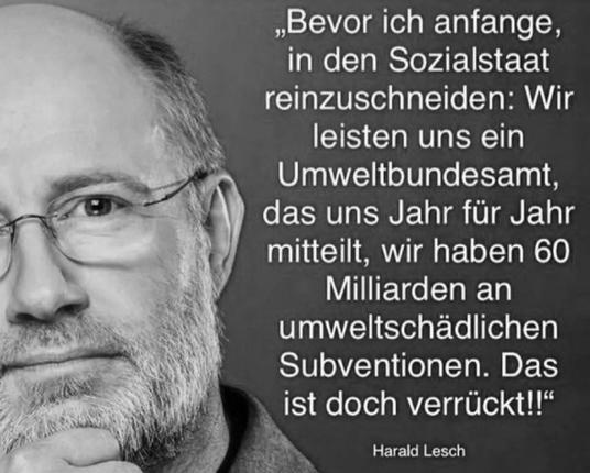 Links Ein Porträt-Foto von Harald Lesch, rechts davon ein Zitat von ihm:

"Bevor ich anfange in den Sozialstaat  reinzuschneiden: Wir  leisten uns ein  Umweltbundesamt,  das uns Jahr für Jahr  mitteilt, wir haben 60  Milliarden an  umweltschädlichen  Subventionen. Das  ist doch verrückt!!"  
Harald Lesch