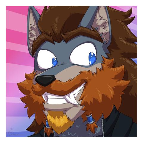 Maxtimot, a blue anthro  maned wolf with dark brown hair, ginger mutton chop trimed beard blond goatee. He has blue eyes and is smiling, showing his long sharp backward curved fands. He has jewels in his beard and is wearing a leather jacket