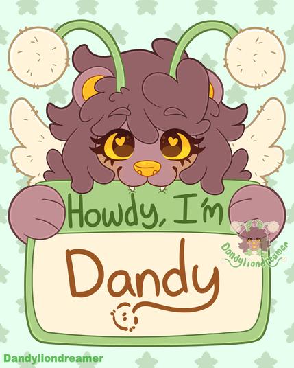 my mascot dandy eating a name tag badge that says "howdy, im dandy"