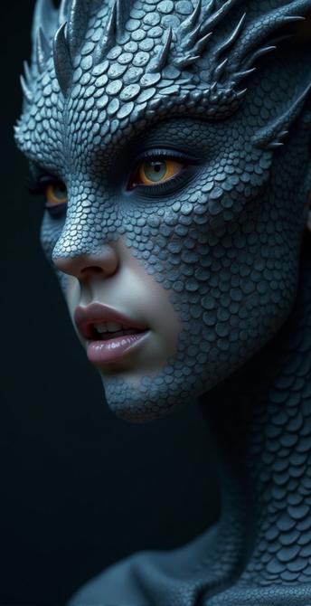 The image depicts a close-up of a person's face, which is intricately covered with dragon scales. The person has dragon eyes, and their lips are slightly parted. The background is dark, with subtle hints of blue and gray, enhancing the overall futuristic and digital aesthetic.