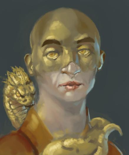 Digital fantasy portrait painting of bald man, with yellow painted skin, a feathered snake wrapped around his neck