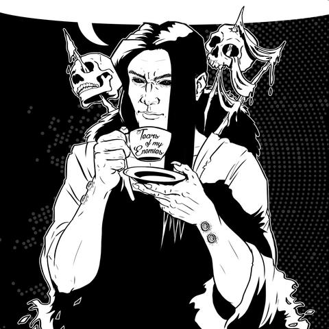 Portarit of Konrad Curze with a grisly halo of skulls, holding a teacup saying "Tears of my Enemies"