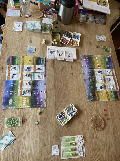 Een foto van een houten tafel vol onderdelen van een bordspel. Je ziet een bakje met gekleurde eieren, twee borden waar verschillende vogelkastjes op liggen, een bakje met fiches met symbolen voor eten er op zoals een rups en rode bessen.