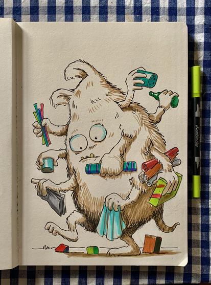 A whimsical creature with a furry body and multiple arms is juggling various colorful items, including markers, cups, and a small umbrella. It appears slightly bewildered, standing on a checkered surface. The illustration features a playful and cartoonish style.