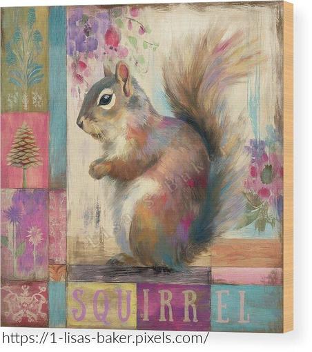 An art print of a squirrel surrounded by colorful floral and decorative patterns. The word “SQUIRREL” appears boldly at the bottom in playful, multicolored letters. Art by Lisa S Baker