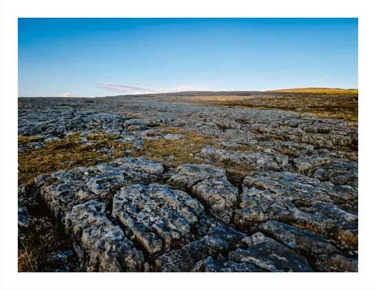 The photo is of a vast area of cracked, grey limestone pavement stretching towards a distant horizon under a clear blue sky. There are patches of sparse, brownish-green vegetation are interspersed throughout the rocky landscape. The rocky landscapes takes up about three fourths of the image with the remainder left for the sky.