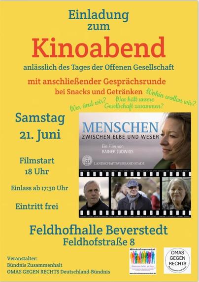 Plakat für einen Filmabend am 21.6. um 18 h in Beverstedt in der Feldhofhalle (Feldhofstraße 8). Der Eintritt ist frei, Einlass ist ab 17:30 h.  Im Anschluss gibt es eine Gesprächsrunde bei Snacks und Getränken. 
Das Plakat ist sonnengelb, die Schrift ist blau und rot. Rechts im Bild sind vier Fotos von Menschen, die im Film von Rainer Ludwigs zu Wort kommen.