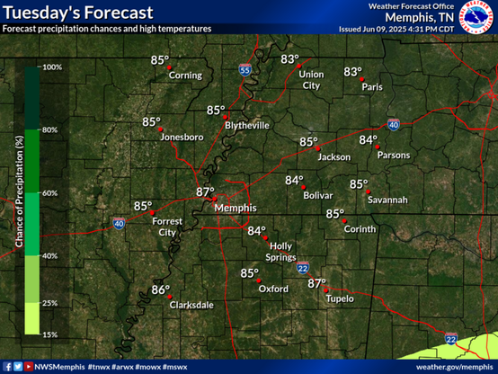 Sunny on Wednesday with highs 85-90.