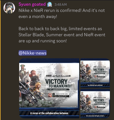 A screenshot from a livestream confirming the NieR x Nikke collaboration event rerun for July 3rd.
