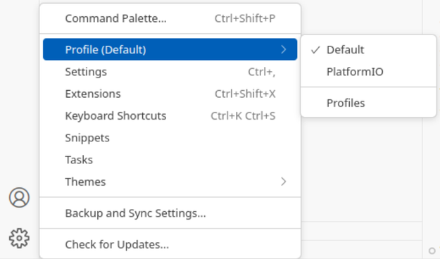 VSCode Menu showing available profiles to choose from
