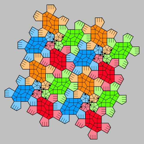 Geometric turtles based on the pentagonal cairo tiling. Nine cairo pentagons make up a turtle: four in the center form the shell (with darker colour), surrounded by five forming the head and the four legs, with same hue but lighter. There are four turtles in each of the colours red, blue, orange and green.