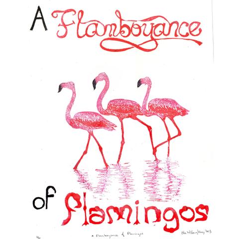 As described these 3 linoleum block printed flamingos standing in slightly wavy water with their reflection are printed on Japanese kozo, or mulberry paper. The block is inked 'à la poupée', meaning the multiple colours (pink, fuchsia and black ink) are all inked at the same time, in small areas, and the print is pulled all at once.  Text reads “A Flamboyance of Flamingos” in rococo letters for flamboyance and flamingos written in shapes of flamingo necks and heads. Each print is 10" by 12.5" or 25 cm by 39 cm in dimension.