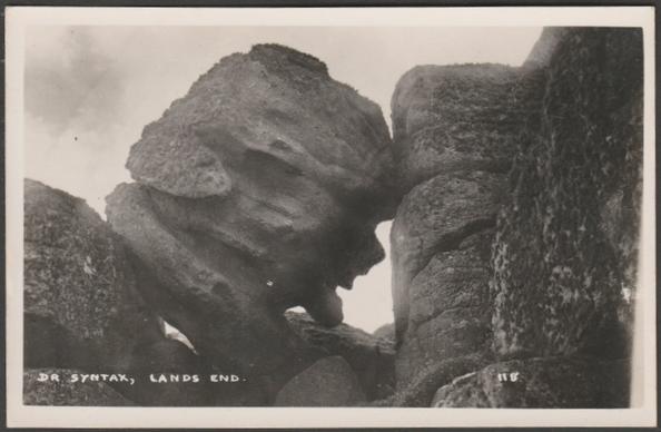 Monochrome real photographic postcard showing the rock formation known as Dr Syntax' Head at Land's End near Penzance in Cornwall.

Publisher not stated, No 118, with Land's End cachet to back (LE 60), c.1940s.

Postally unused.

Very good condition, with very slight corner bumps.