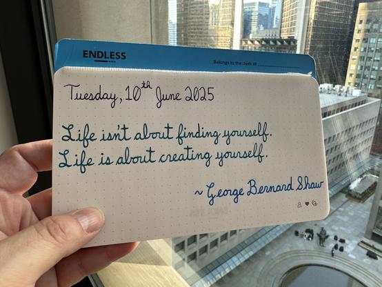 A pen quote of George Bernard Shaw that reads, “Life isn't about finding yourself. Life is about creating yourself.”

Written in Pilot Iroshizuku inks: Rikka, Ku-Jaku & Kon-Peki.