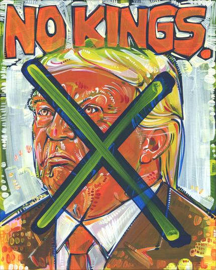 No Kings protest poster, frowning Trump with an X over his face