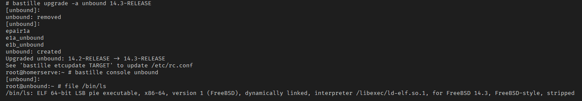 Screenshot of a bastille upgrade from FreeBSD 14.2-RELEASE to 14.3-RELEASE by running

bastille upgrade -a unbound 14.3-RELEASE