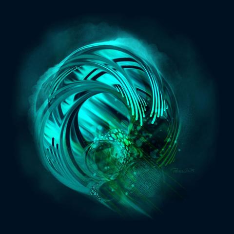 watercolour; dark blue background with a sphere formed of waves and droplet curves turning clock-wise in streaked groups; on the lower right, bubbles form with reflections of pebbles, a glowing green tint is spreading.