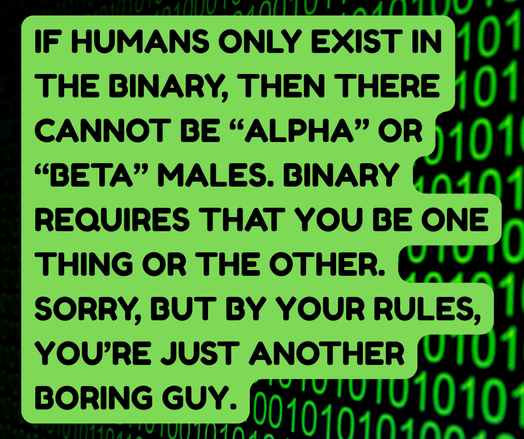 "if humans only exist in the binary, then there cannot be “alpha” or “beta” males. binary requires that you be one thing or the other. sorry, but by your rules, you’re just another boring guy."