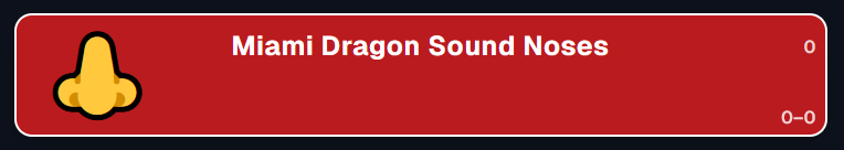 My team banner from MMOLB for the Miami Dragon Sound Noses. The team color is red and the team icon is a yellow nose emoji. No games played yet.