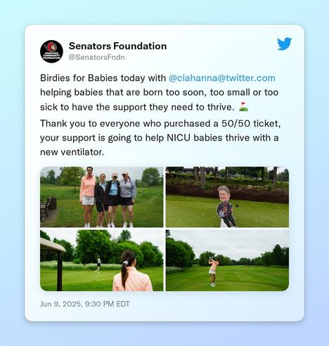 Birdies for Babies today with @clahanna  helping babies that are born too soon, too small or too sick to have the support they need to thrive. ⛳

Thank you to everyone who purchased a 50/50 ticket, your support is going to help NICU babies thrive with a new ventilator. https://t.co/FjhR86aPPo