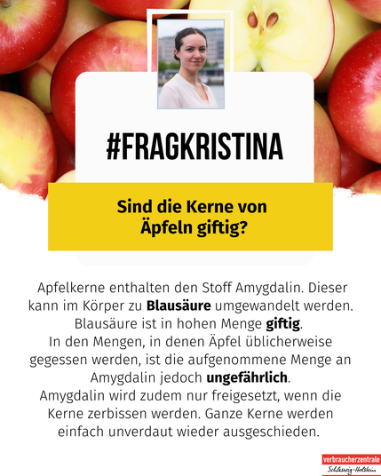 Apfelkerne enthalten den Stoff Amygdalin. Dieser kann im Körper zu Blausäure umgewandelt werden. Blausäure ist in hohen Menge giftig. 
In den Mengen, in denen Äpfel üblicherweise gegessen werden, ist die aufgenommene Menge an Amygdalin jedoch ungefährlich.
Amygdalin wird zudem nur freigesetzt, wenn die Kerne zerbissen werden. Ganze Kerne werden einfach unverdaut wieder ausgeschieden.